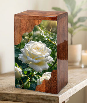 White Rose Wooden Cremation Urn – Wooden Urn for Human Ashes