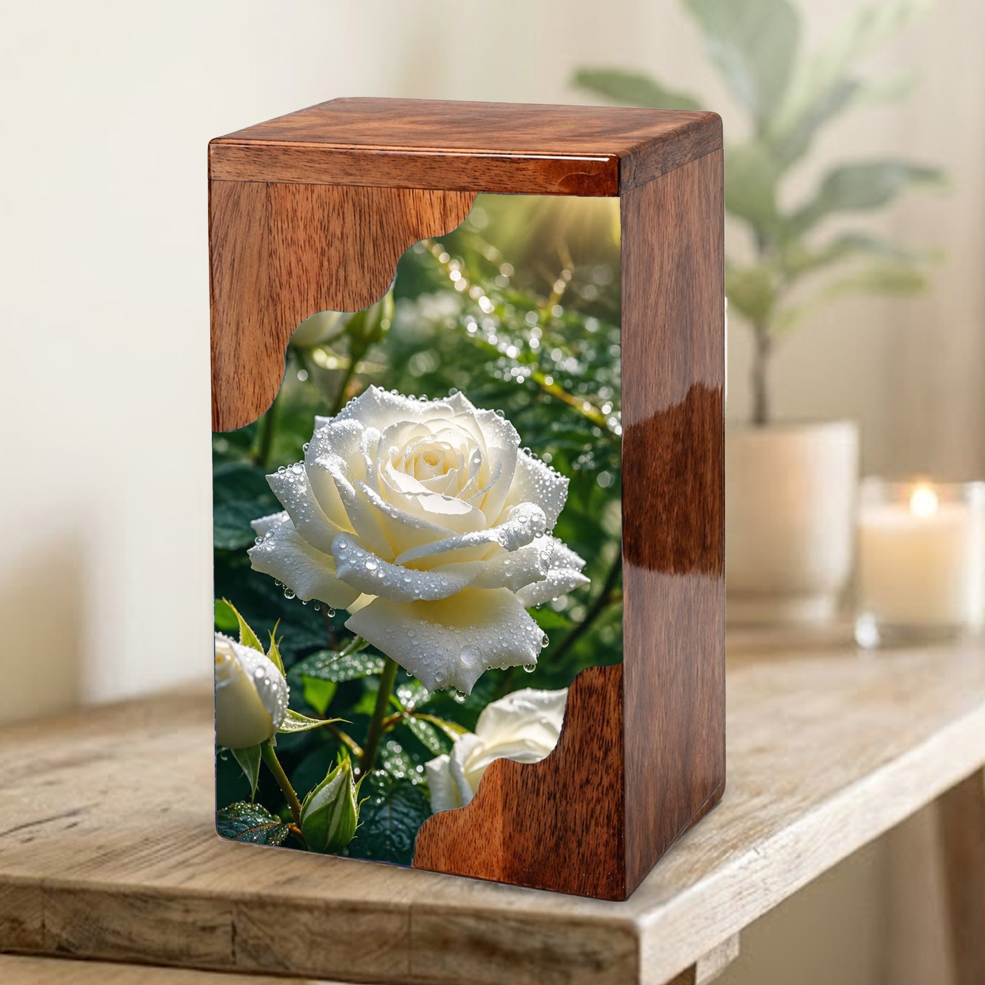 White Rose Wooden Cremation Urn – Wooden Urn for Human Ashes
