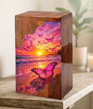 Butterfly Wooden Cremation Urn – Sunset Beach Memorial Urn for Ashes