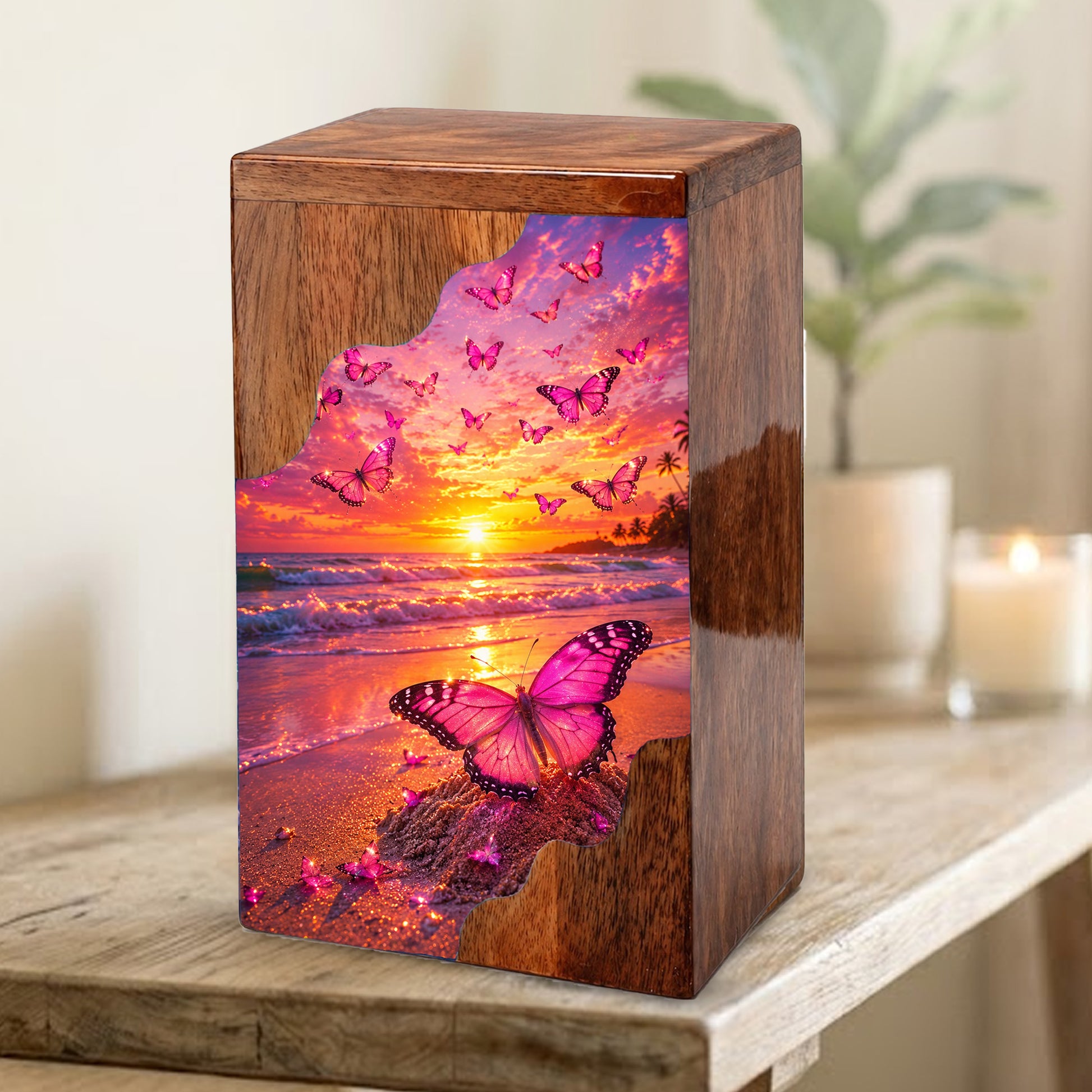 Butterfly Wooden Cremation Urn – Sunset Beach Memorial Urn for Ashes