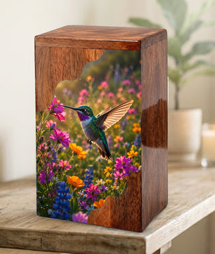 Green Hummingbird Wooden Cremation Urn – Wildflower Memorial Wooden Urn for Human Ashes