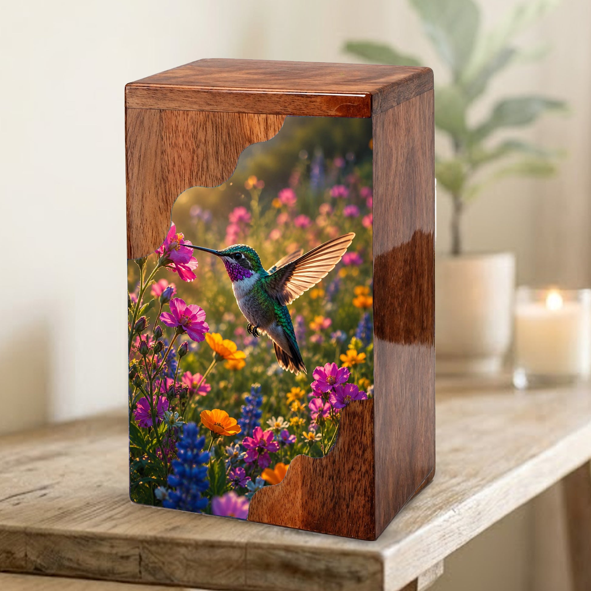 Green Hummingbird Wooden Cremation Urn – Wildflower Memorial Wooden Urn for Human Ashes