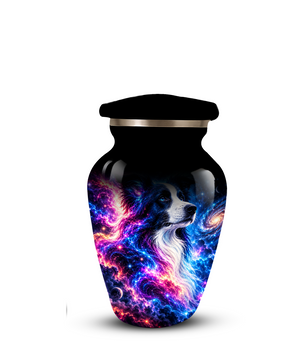 Cosmic Border Collie Cremation Urn for Adult Ashes, Black and White Dog Memorial Urn with Glowing Blue Pink Galaxy and Celestial Stars Artwork