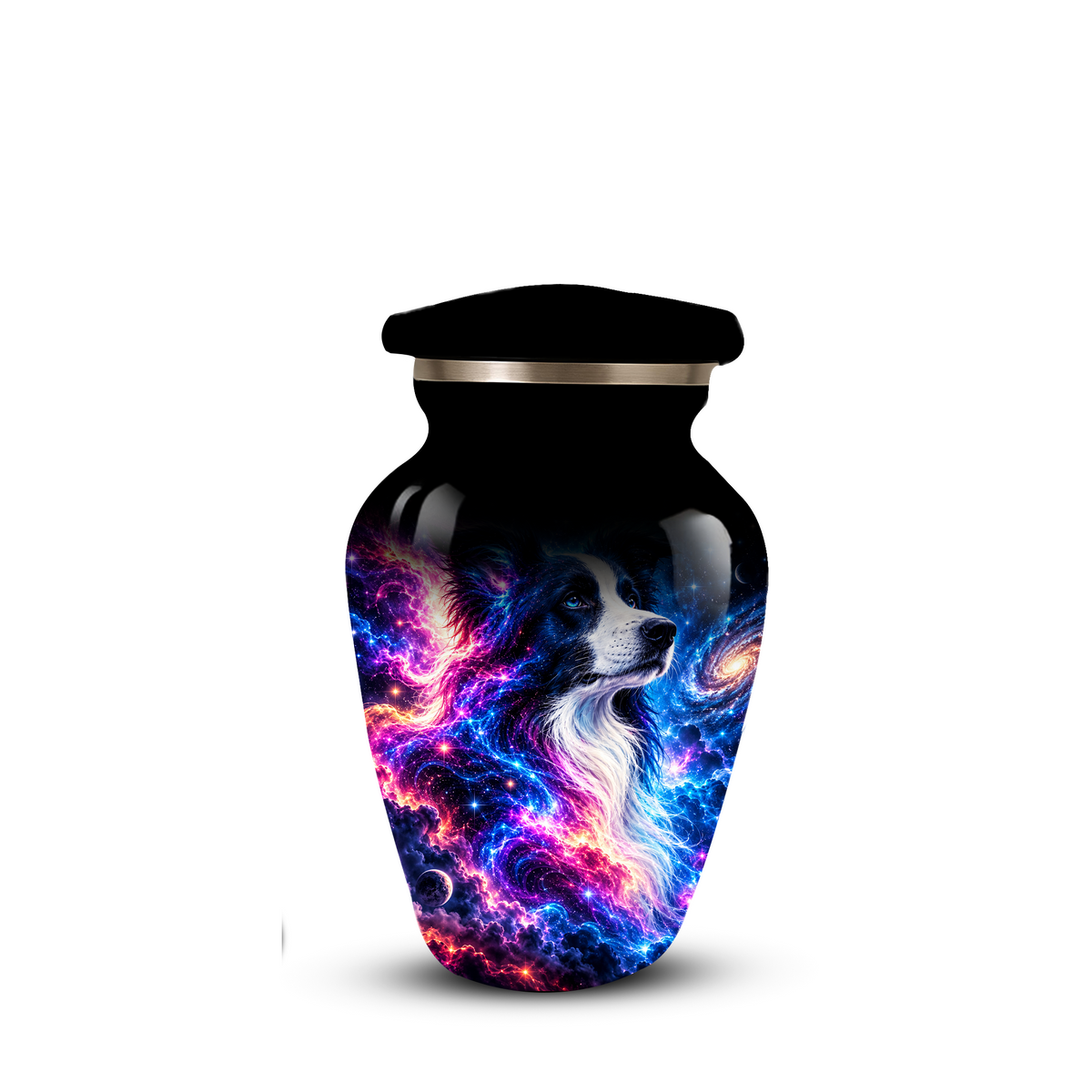 Cosmic Border Collie Cremation Urn for Adult Ashes, Black and White Dog Memorial Urn with Glowing Blue Pink Galaxy and Celestial Stars Artwork