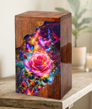 Rose Butterfly Wooden Cremation Urn for Human Ashes