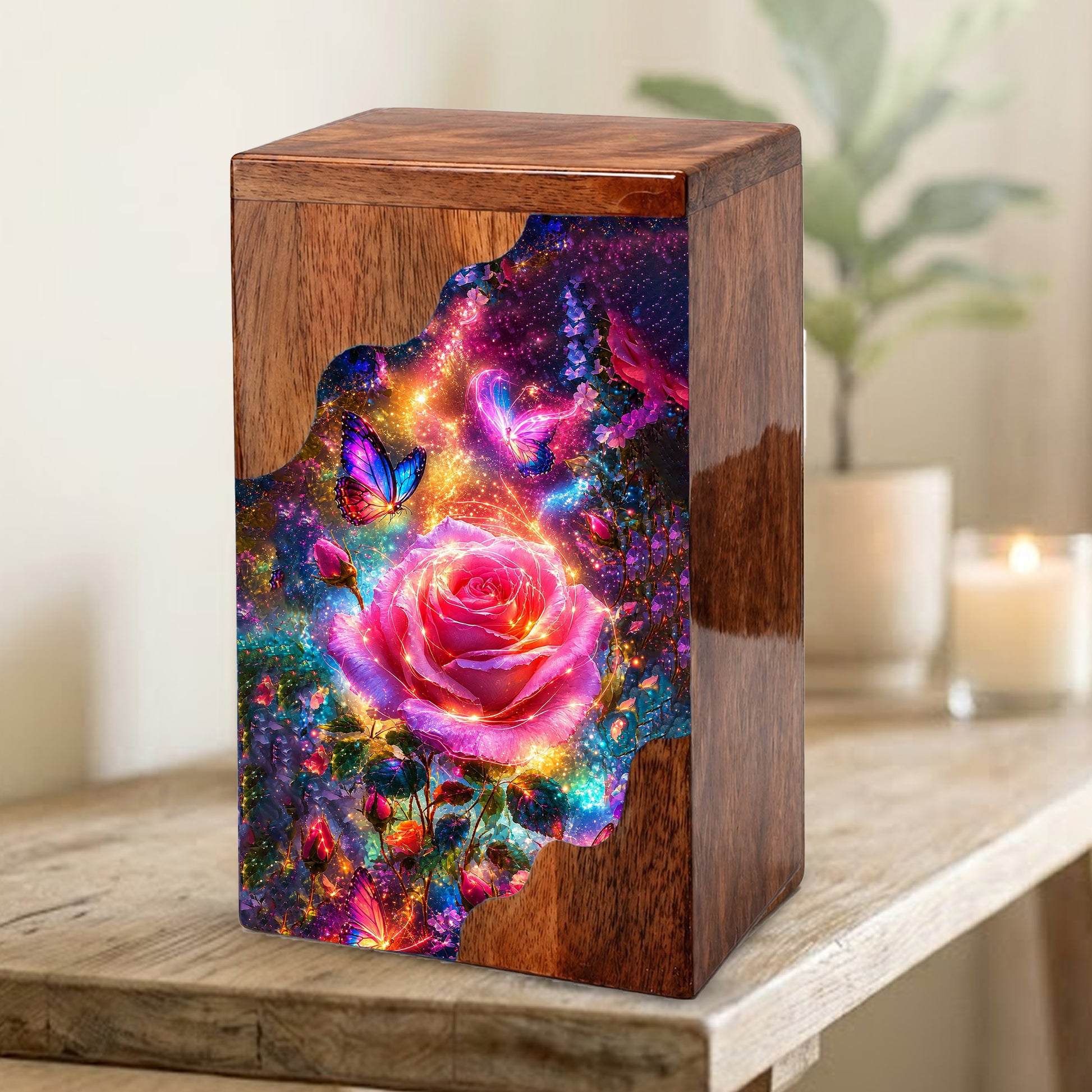 Rose Butterfly Wooden Cremation Urn for Human Ashes