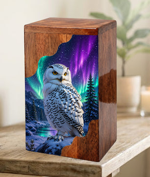 Snowy Owl Wooden Cremation Urn – Aurora Memorial Urn | Wooden Urn for Human Ashes