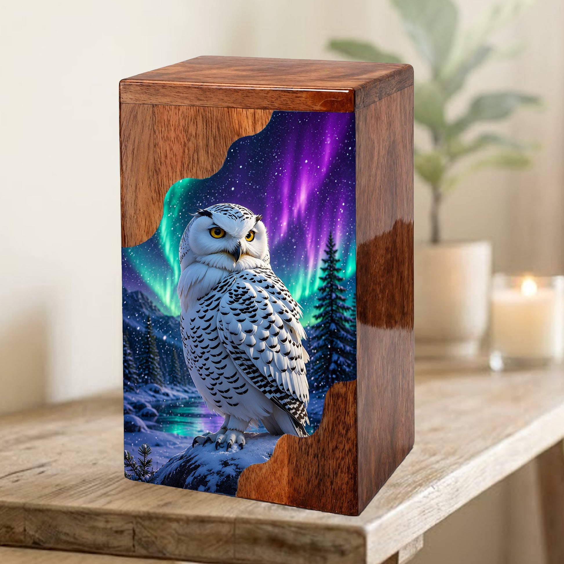 Snowy Owl Wooden Cremation Urn – Aurora Memorial Urn | Wooden Urn for Human Ashes