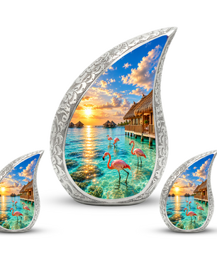 Flamingo Cremation Urn for Ashes, Tropical Beach Sunset Adult Memorial Urn