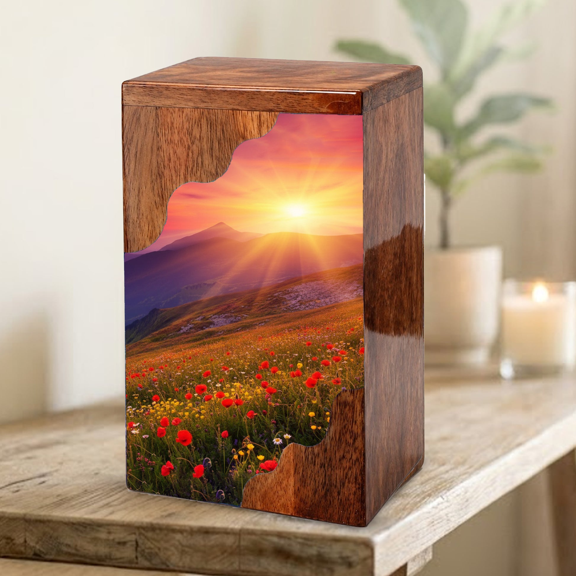 Sunrise Cremation Urn – Custom Wooden Memorial Urn Box for Ashes
