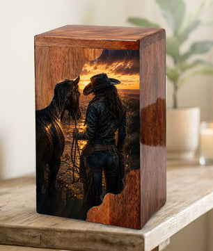 Western Horse Wooden Cremation Urn for Mom – Custom Memorial Urn for Human Ashes