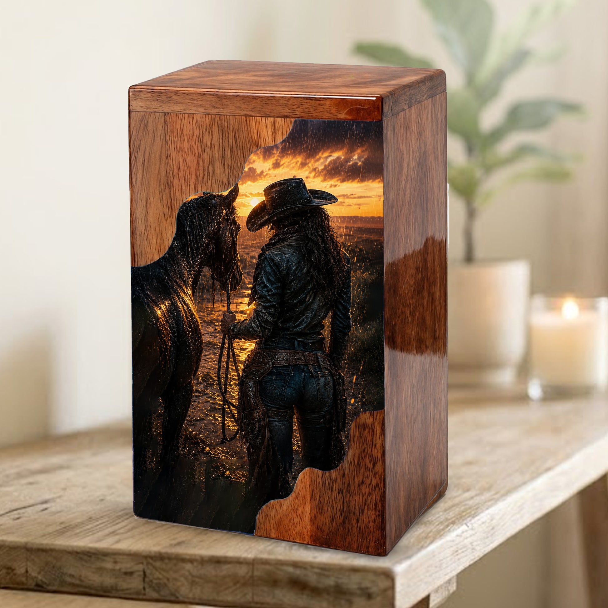 Western Horse Wooden Cremation Urn for Mom – Custom Memorial Urn for Human Ashes