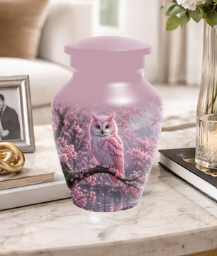 Pink Owl Cremation Urn for Mom, Cherry Blossom Memorial Urns for Ashes