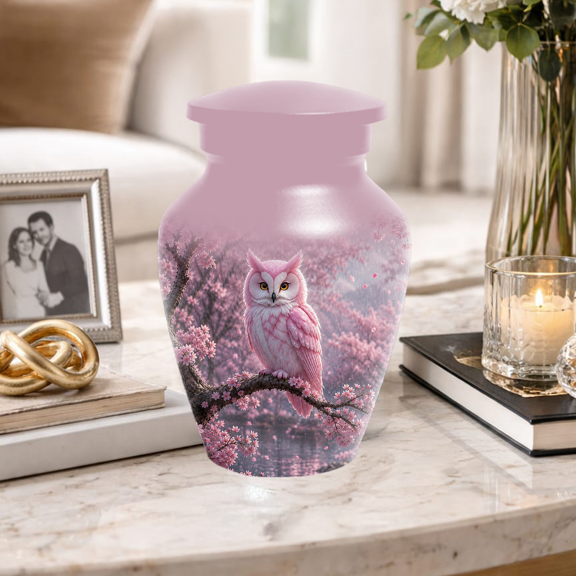 Pink Owl Cremation Urn for Mom, Cherry Blossom Memorial Urns for Ashes