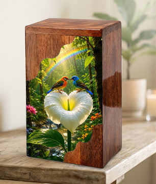 Rainbow Birds Wooden Cremation Urn – Personalized Memorial Urn for Human Ashes