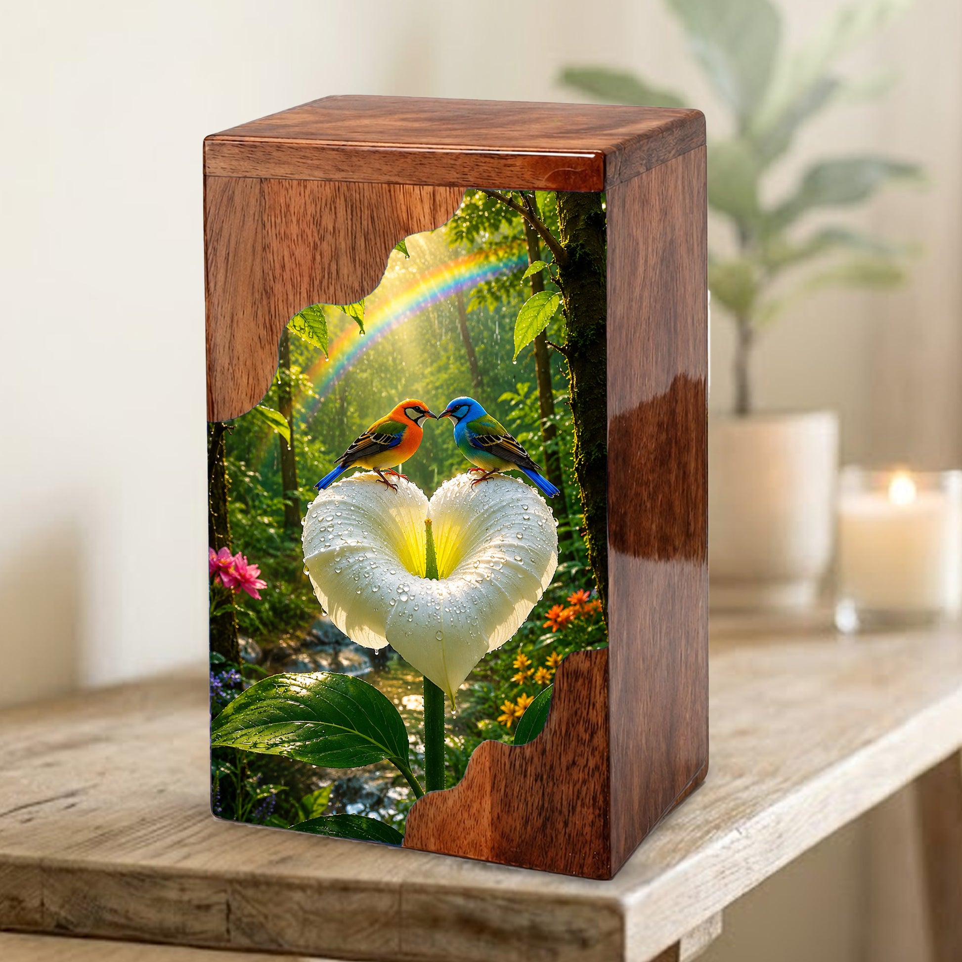 Rainbow Birds Wooden Cremation Urn – Personalized Memorial Urn for Human Ashes