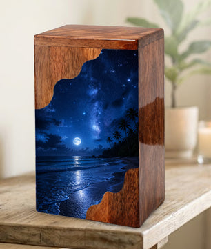 Moonlit Beach Wooden Cremation Urn – Ocean Memorial Urn for Human Ashes | Personalized Coastal Wooden Urn