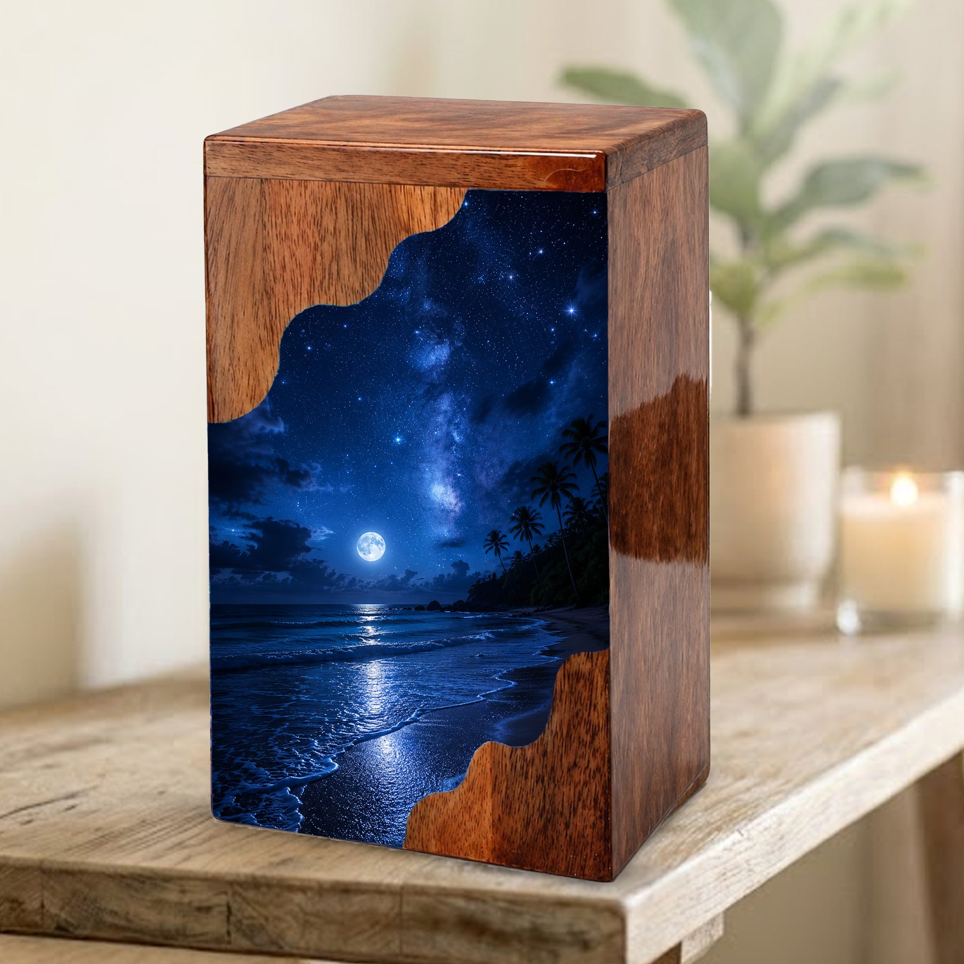Moonlit Beach Wooden Cremation Urn – Ocean Memorial Urn for Human Ashes | Personalized Coastal Wooden Urn