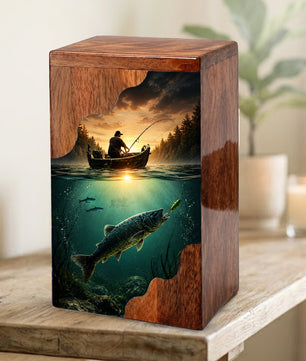 Personalized Wooden Cremation Urn – Fishing Memorial Urn | Gone Fishing Wooden Urn for Dad