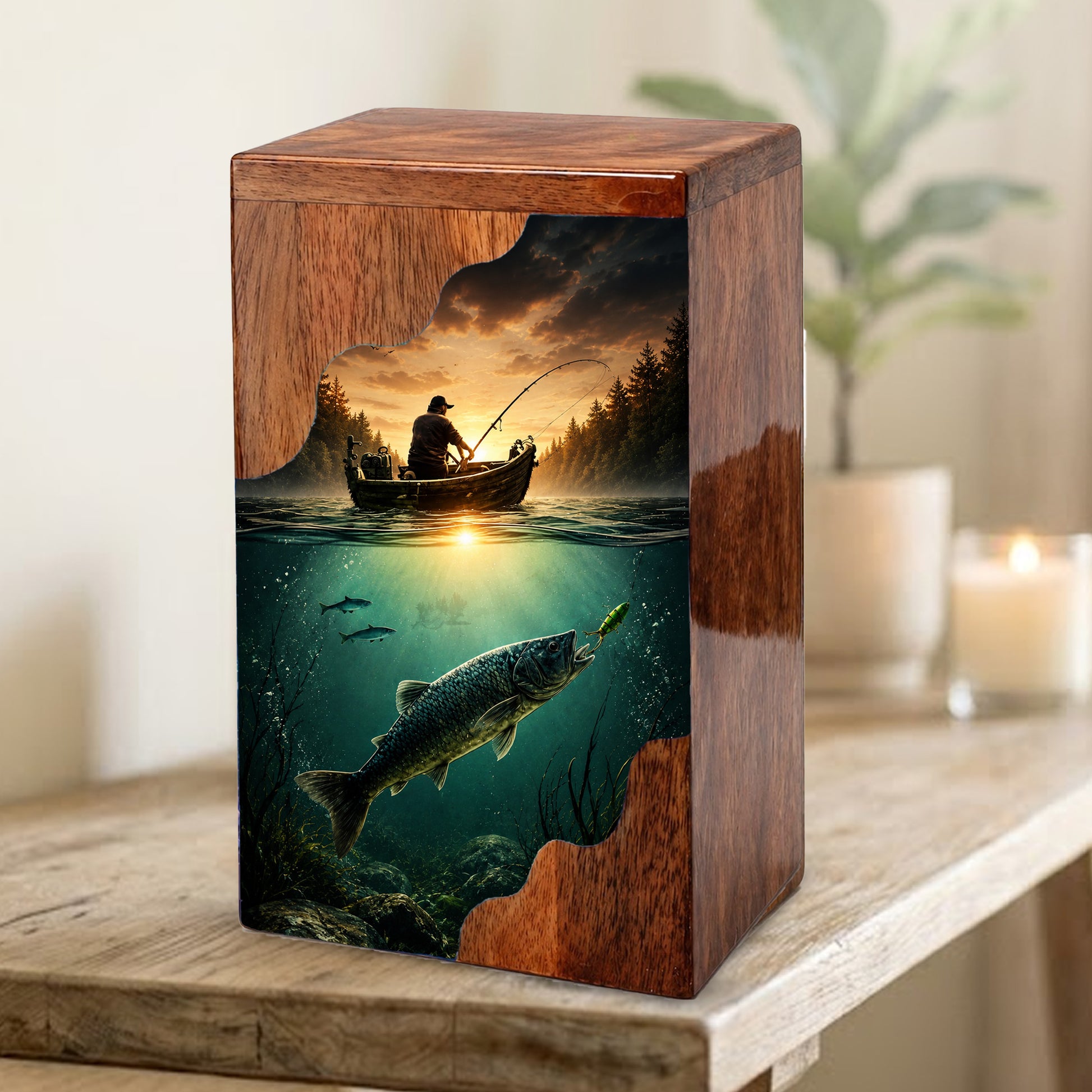 Personalized Wooden Cremation Urn – Fishing Memorial Urn | Gone Fishing Wooden Urn for Dad