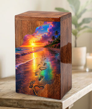 Beach Wooden Cremation Urn for Human Ashes | Ocean Sunset Memorial Urn