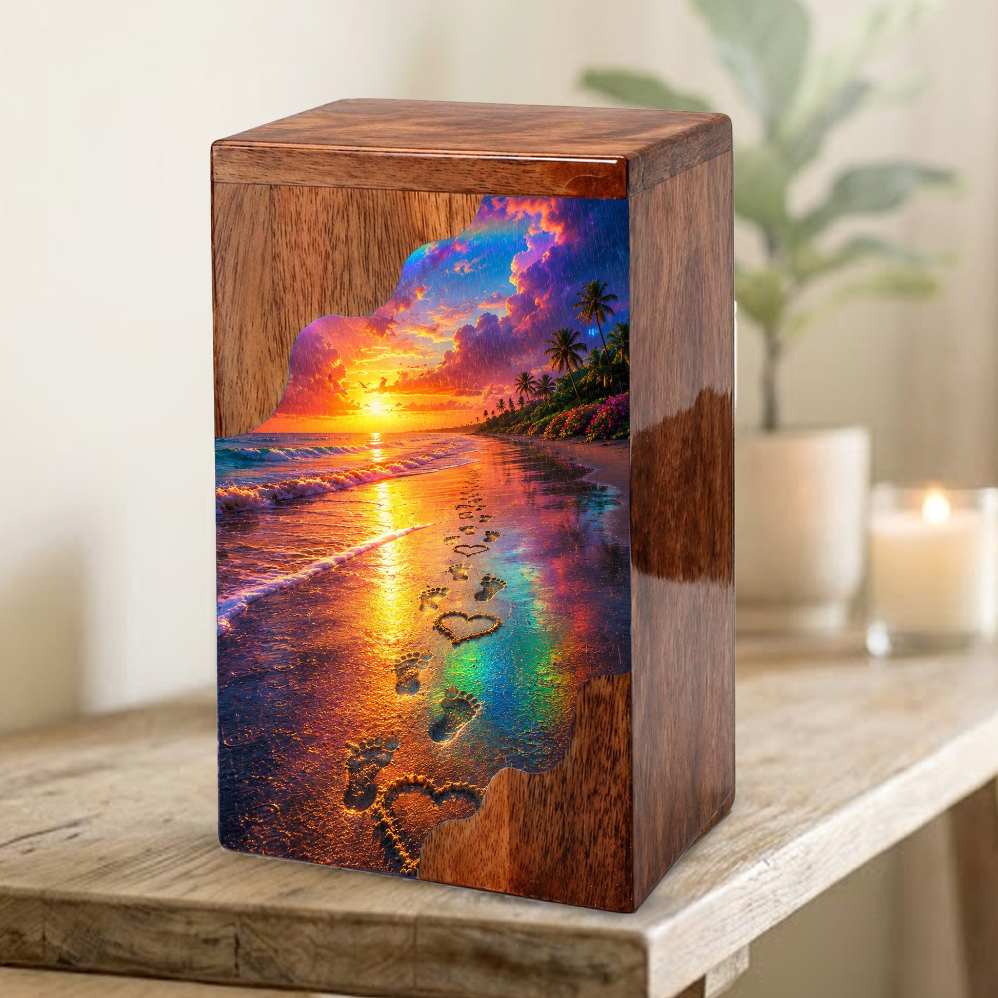 Beach Wooden Cremation Urn for Human Ashes | Ocean Sunset Memorial Urn