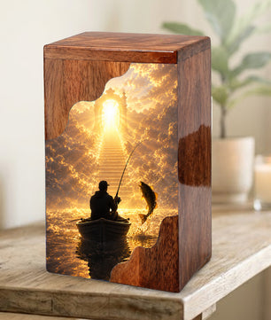 Fishing in Heaven Wooden Cremation Urn – Personalized Memorial Urn for Human Ashes