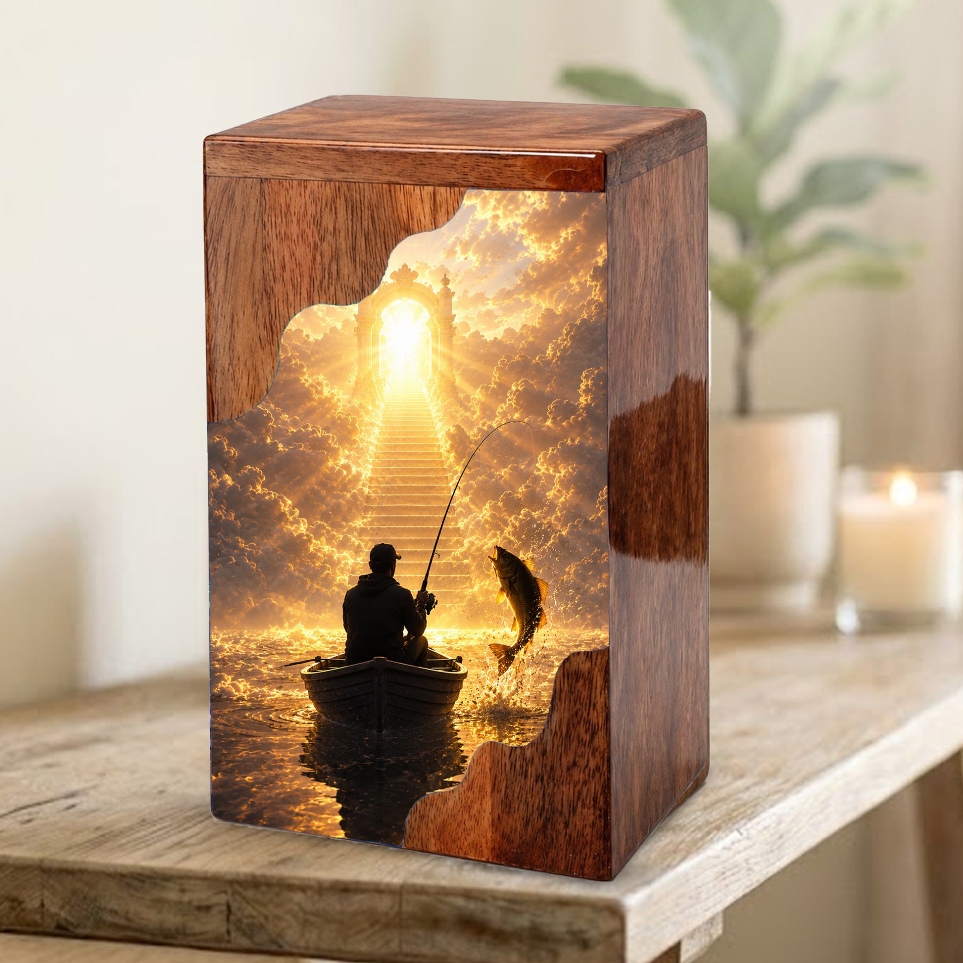 Fishing in Heaven Wooden Cremation Urn – Personalized Memorial Urn for Human Ashes
