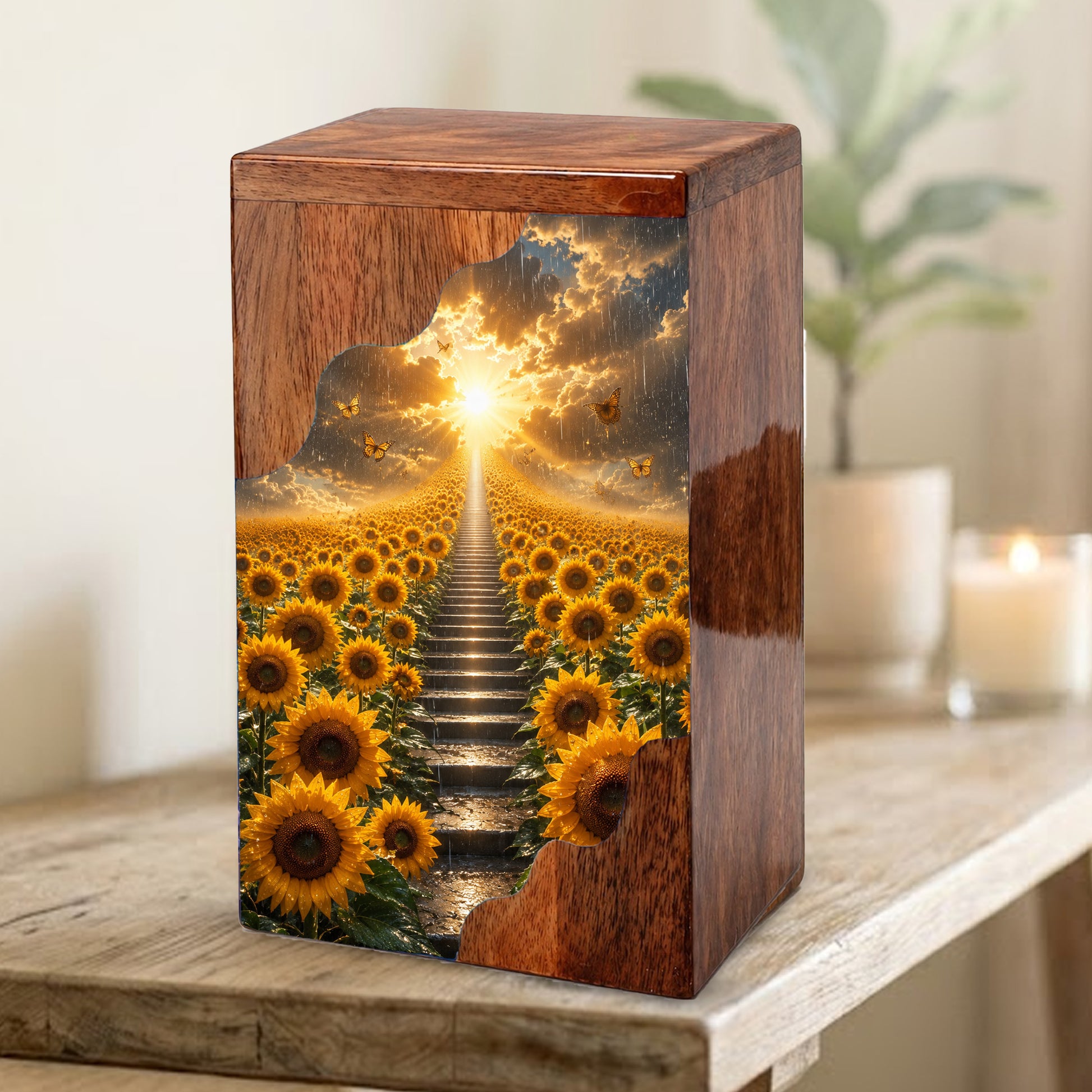 Sunflower Wooden Cremation Urn for Mom | Personalized Urn for Human Ashes