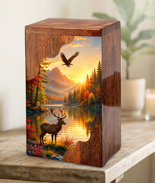 Mountain Wildlife Wooden Cremation Urn – Wooden Urn for Human Ashes
