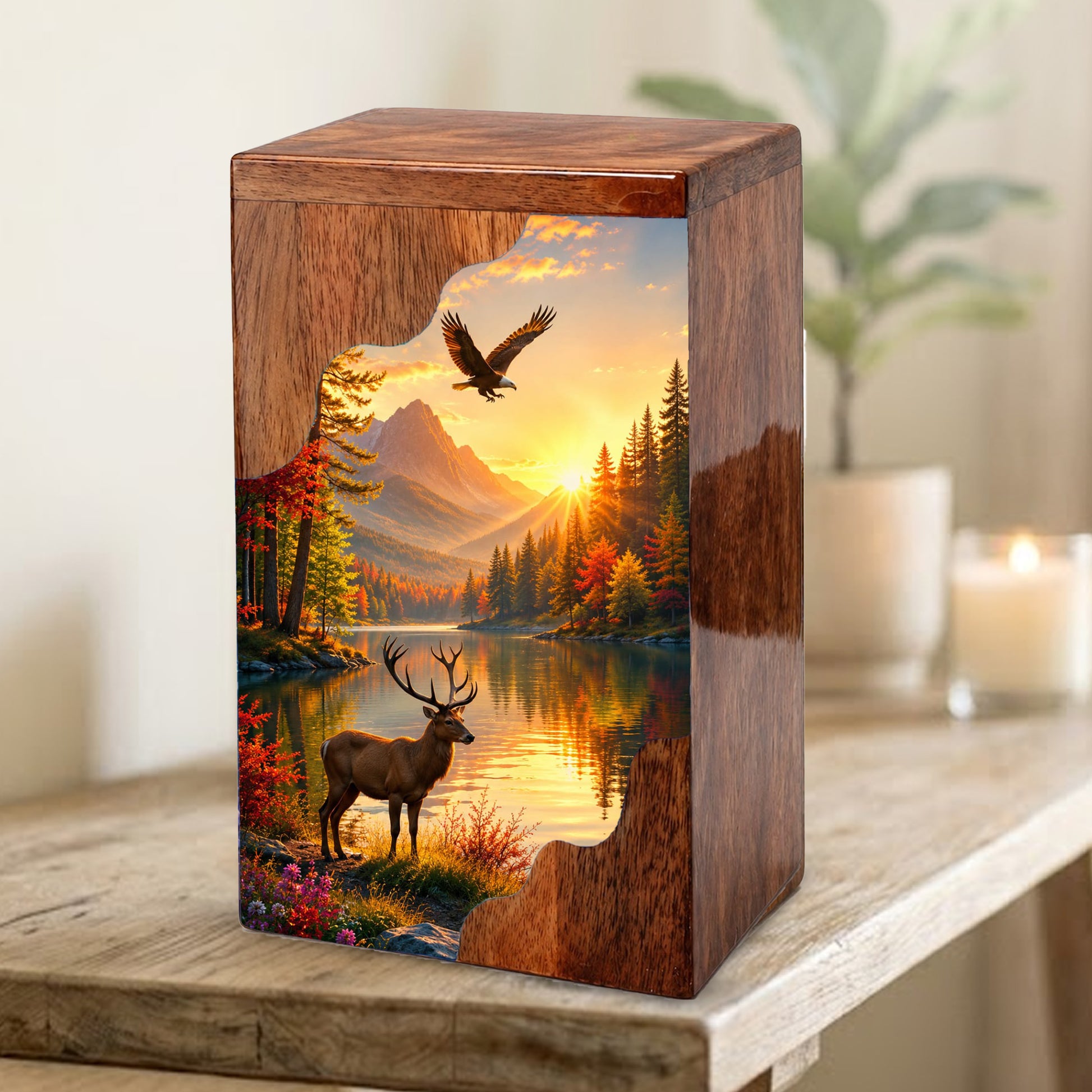 Mountain Wildlife Wooden Cremation Urn – Wooden Urn for Human Ashes