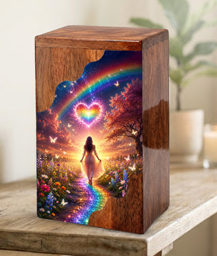 Rainbow Heart Wooden Cremation Urn – Celestial Rainbow Memorial Wooden Urn for Human Ashes