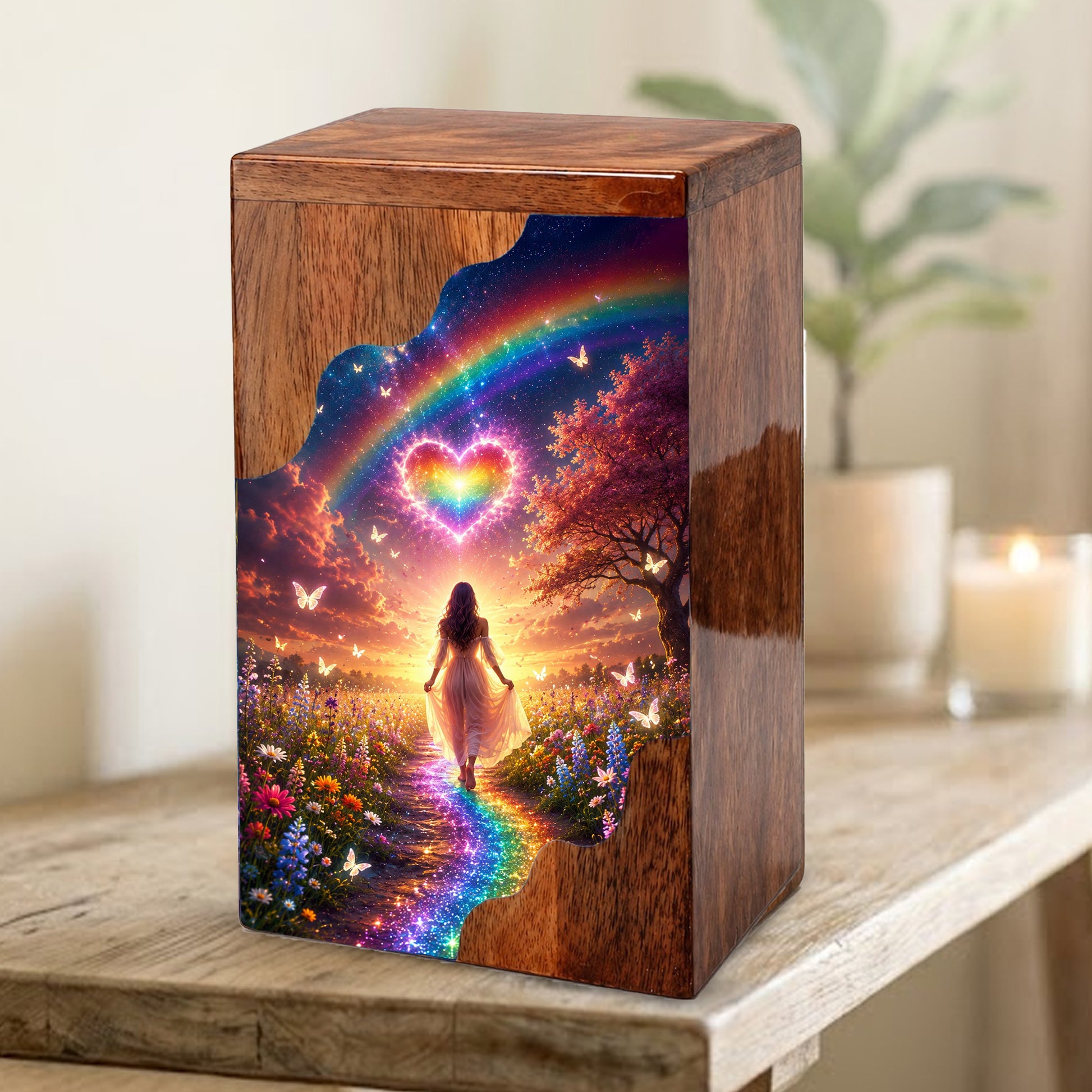 Rainbow Heart Wooden Cremation Urn – Celestial Rainbow Memorial Wooden Urn for Human Ashes