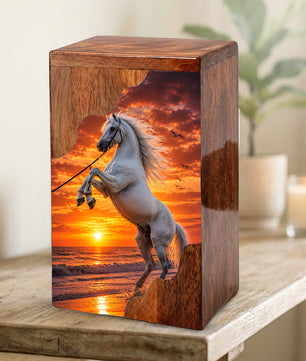 Sunset Horse Wooden Cremation Urn – Ocean Memorial Urn for Human Ashes