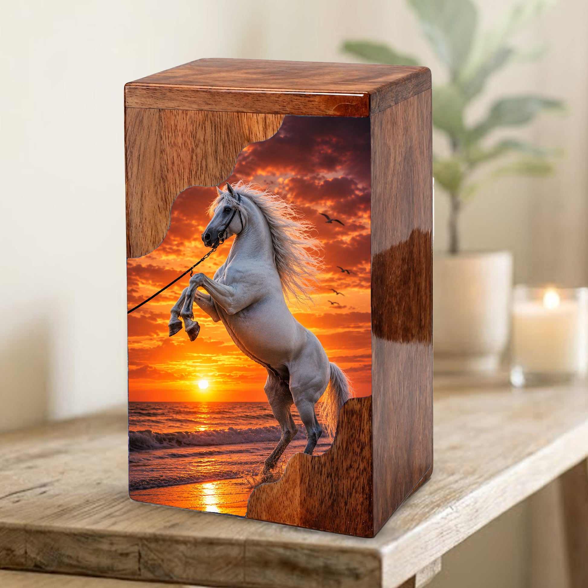 Sunset Horse Wooden Cremation Urn – Ocean Memorial Urn for Human Ashes