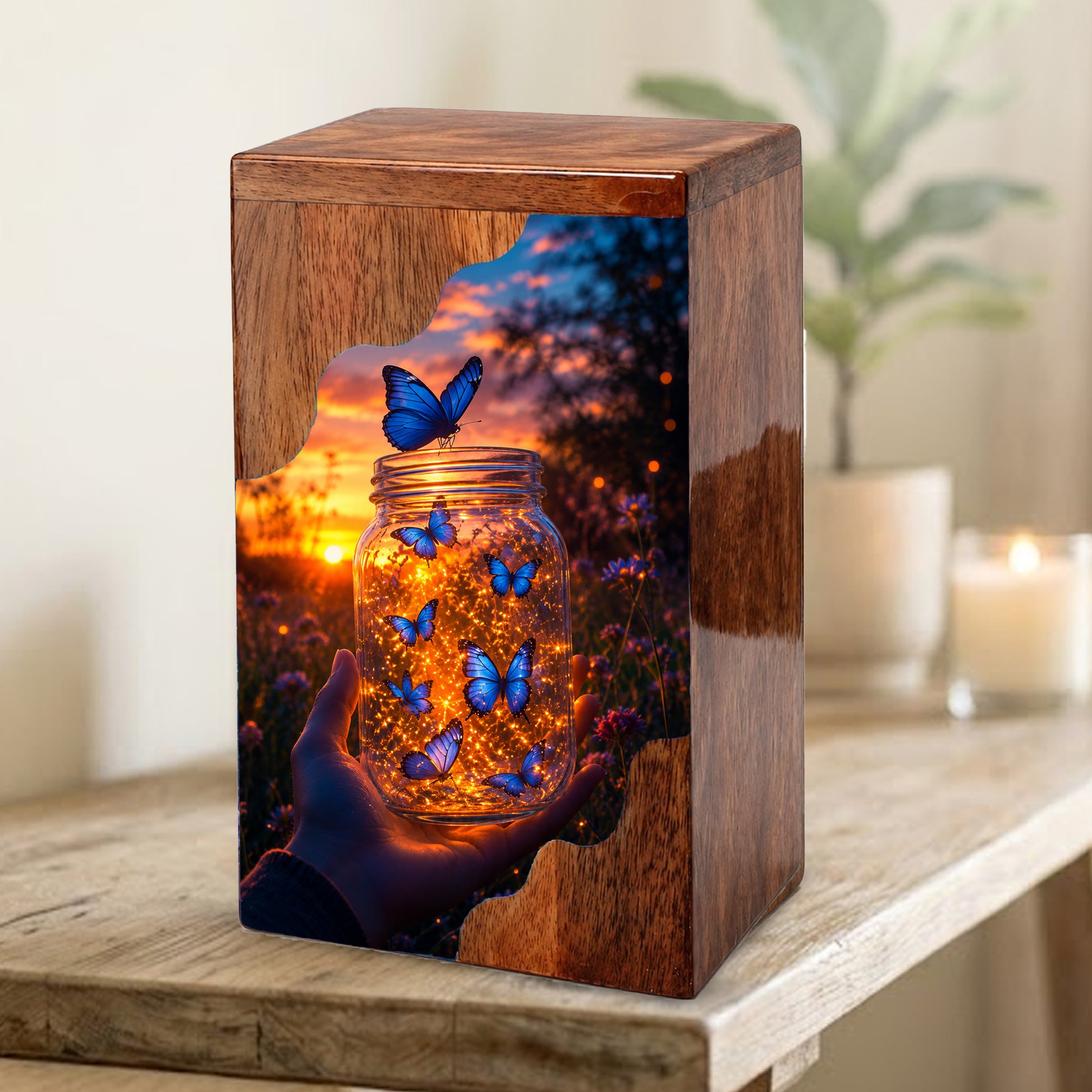Butterfly Wooden Cremation Urn – Glowing Butterfly Memorial Urn for Human Ashes