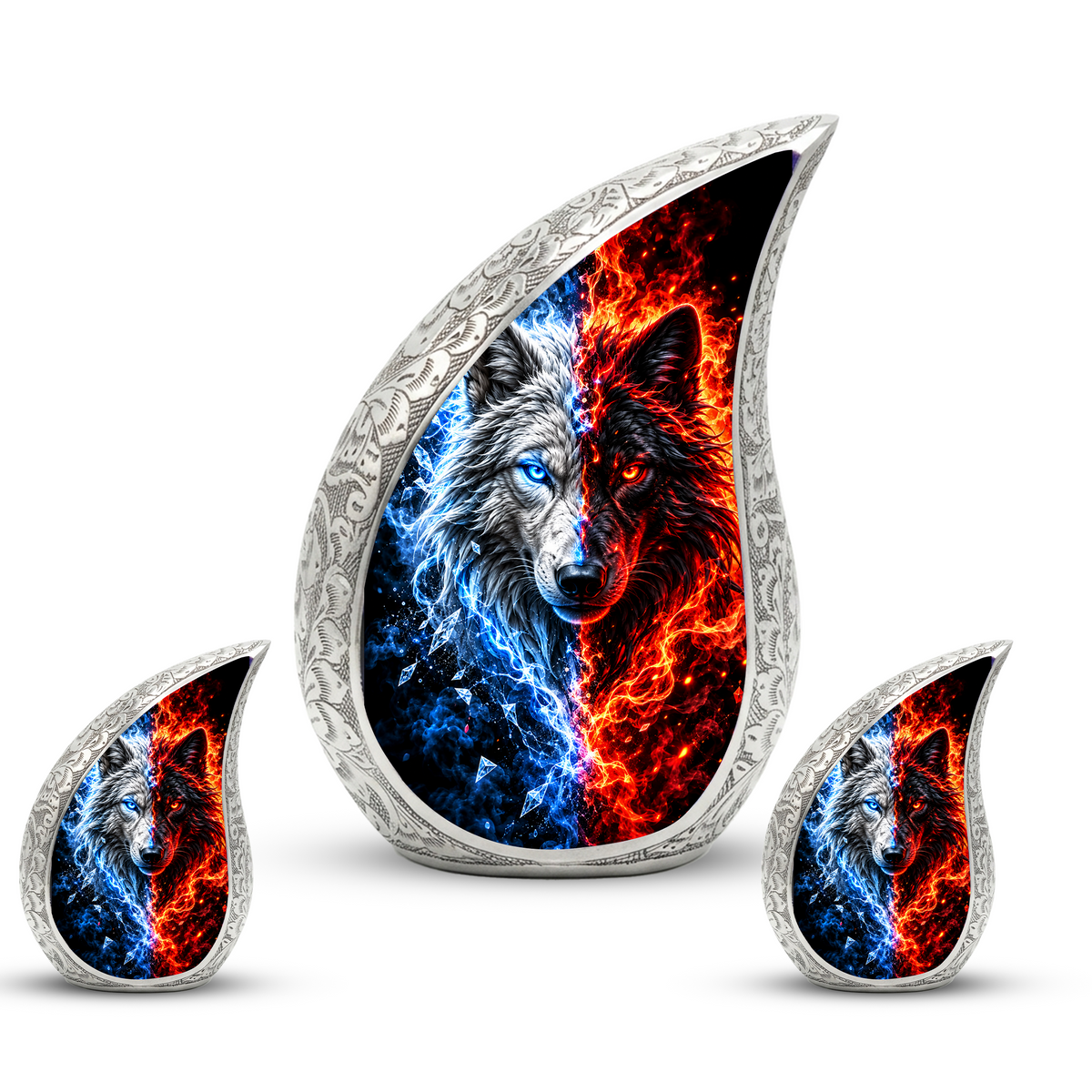 Fire and Ice Wolf Cremation Urn for Ashes, Dual Wolf Memorial Urn, Personalized Adult Cremation Urn