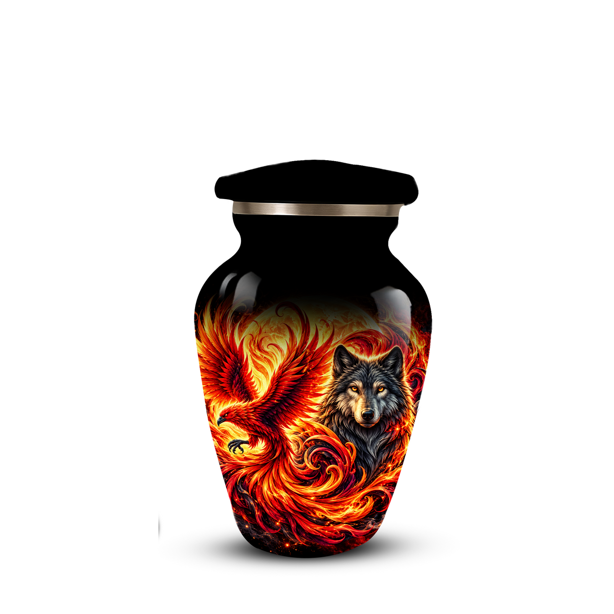 Phoenix and Wolf Cremation Urn for Adult Ashes, Fiery Red Phoenix and Wolf Adult Urn for Human Ashes