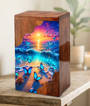 Coastal Butterfly Wooden Cremation Urn – Butterfly Memorial Urn for Human Ashes