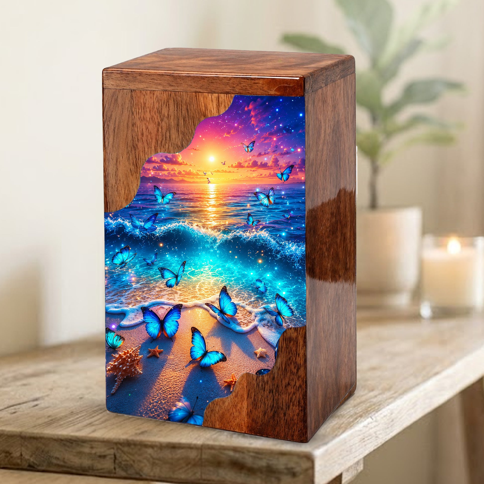 Coastal Butterfly Wooden Cremation Urn – Butterfly Memorial Urn for Human Ashes