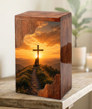 Cross Wooden Cremation Urn – Christian Memorial Urn for Human Ashes