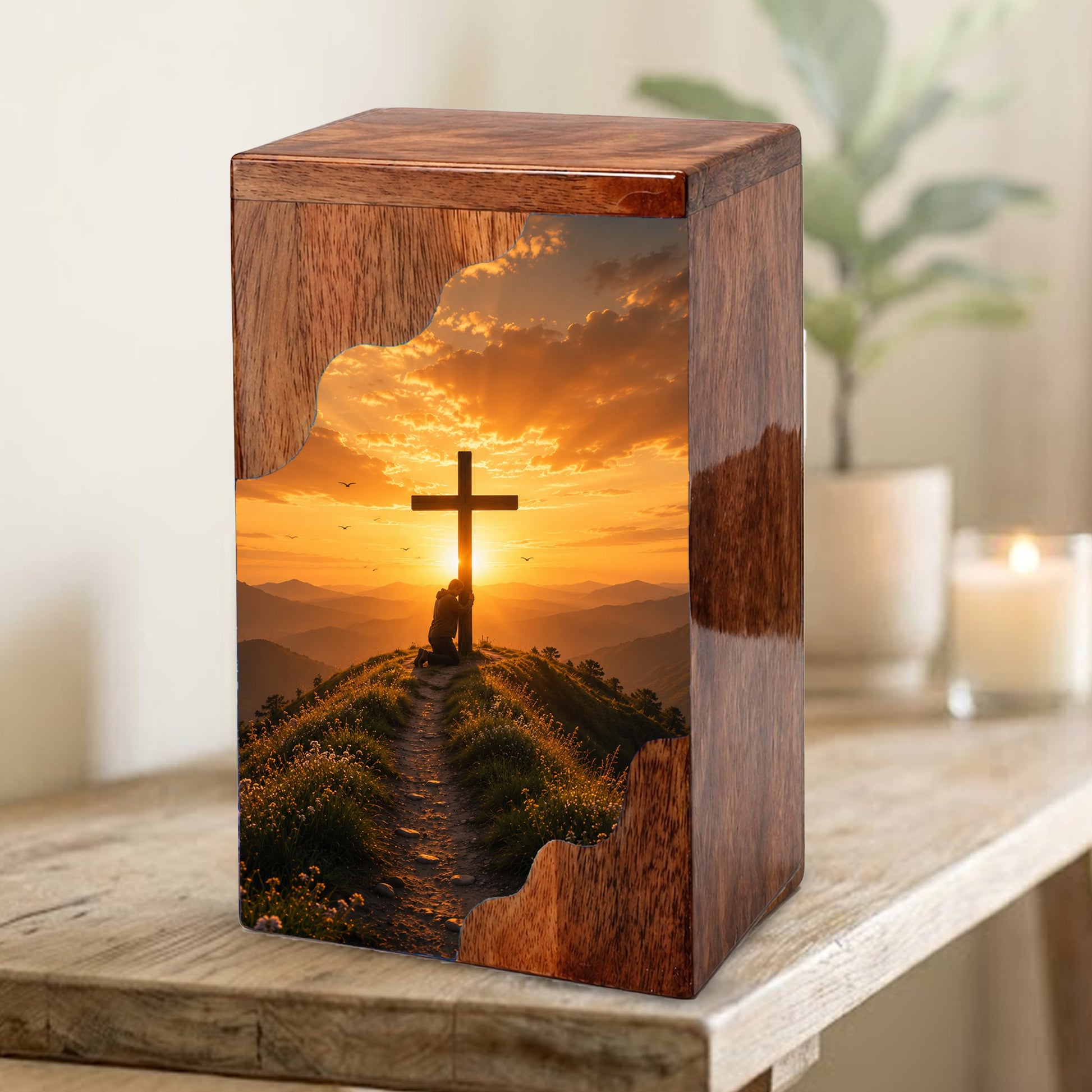 Cross Wooden Cremation Urn – Christian Memorial Urn for Human Ashes