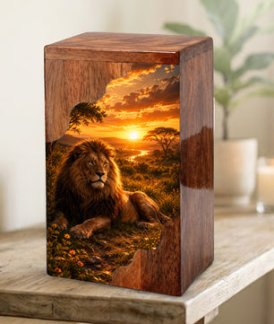 Lion Wooden Cremation Urn – Wooden Urn for Human Ashes | Memorial Urn for Dad