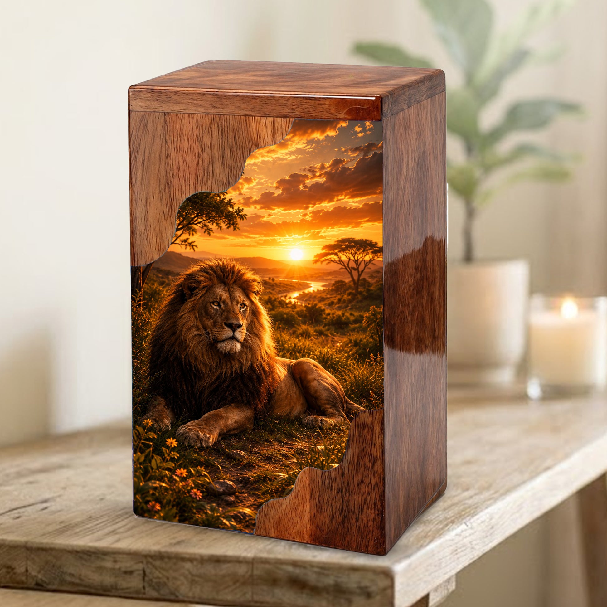 Lion Wooden Cremation Urn – Wooden Urn for Human Ashes | Memorial Urn for Dad