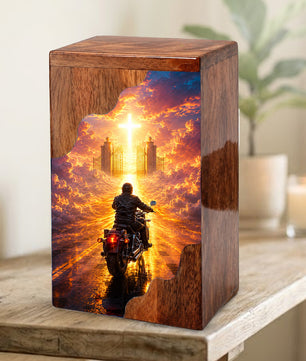 Motorcycle Heaven Wooden Cremation Urn – Christian Memorial Urn for Human Ashes