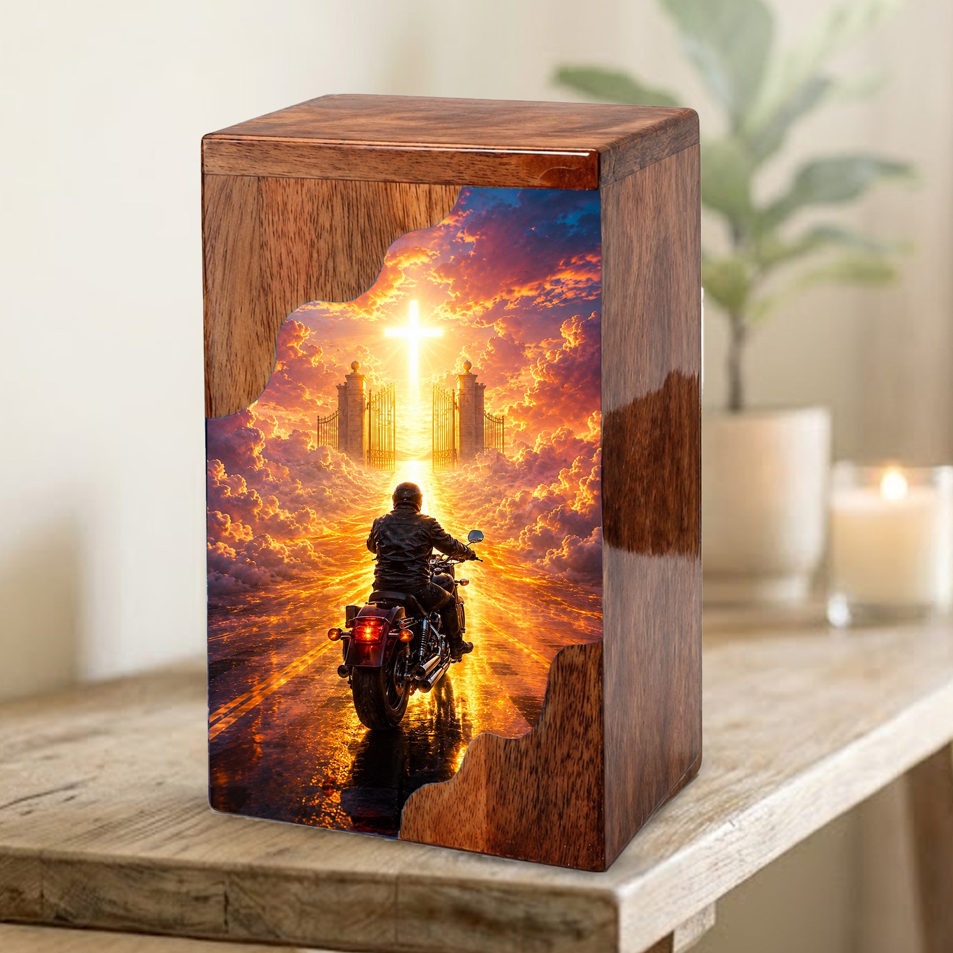 Motorcycle Heaven Wooden Cremation Urn – Christian Memorial Urn for Human Ashes