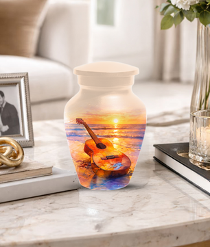 Guitar Urn for Ashes, Beach Sunset Cremation Urn, Custom Memorial Urn, Music Lover Urn
