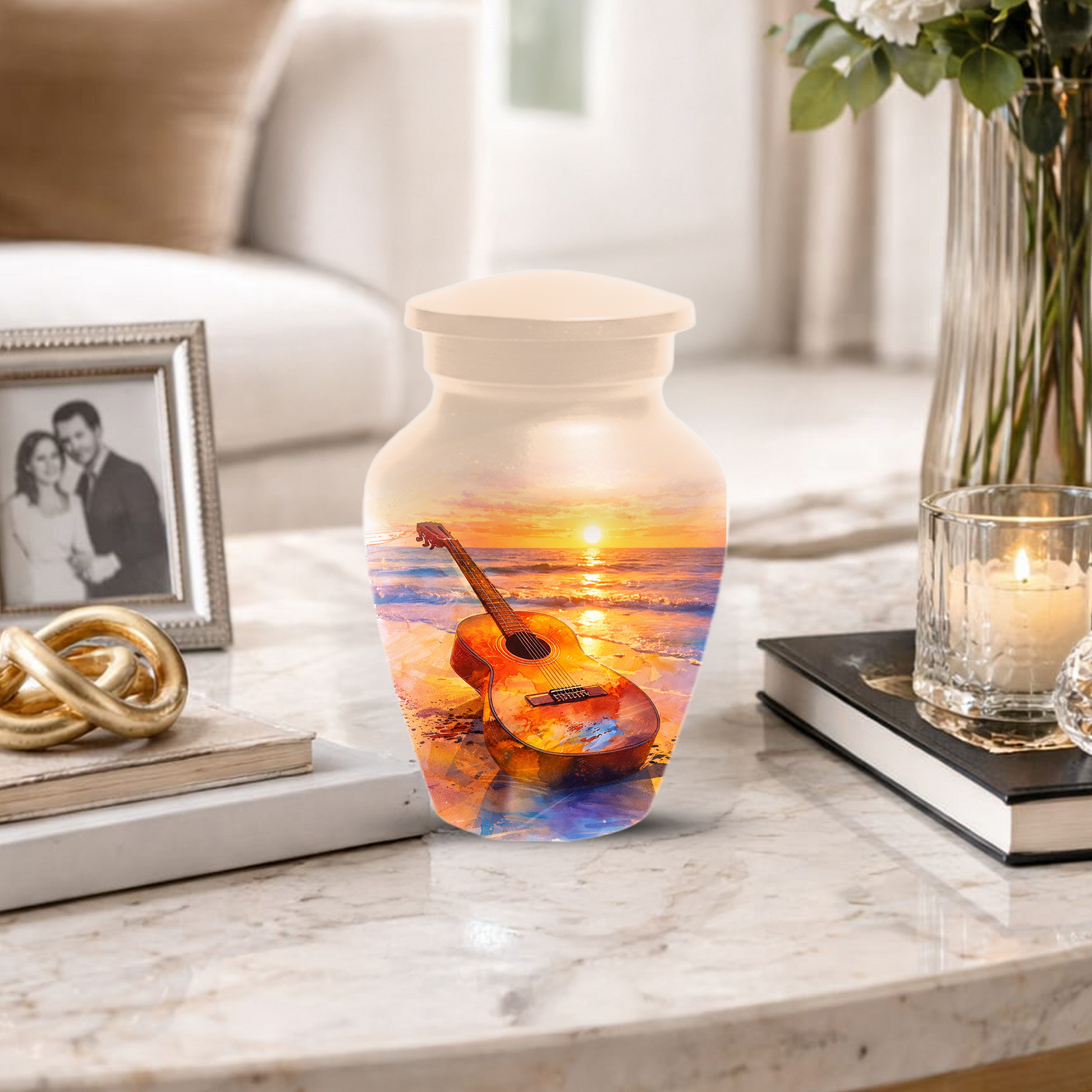 Guitar Urn for Ashes, Beach Sunset Cremation Urn, Custom Memorial Urn, Music Lover Urn