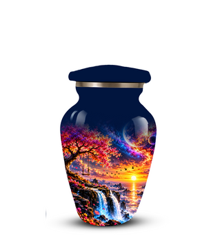 Personalized Adult Cremation Urn for Ashes, Custom Memorial Urn, Fantasy Sunset Waterfall and Cherry Blossom Design