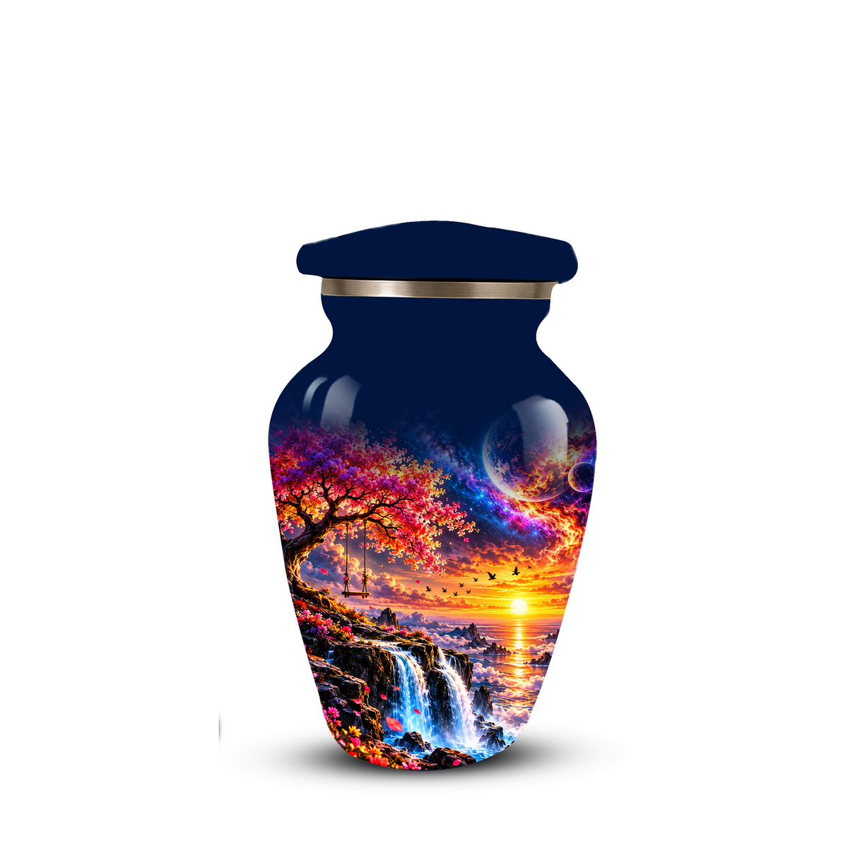 Personalized Adult Cremation Urn for Ashes, Custom Memorial Urn, Fantasy Sunset Waterfall and Cherry Blossom Design